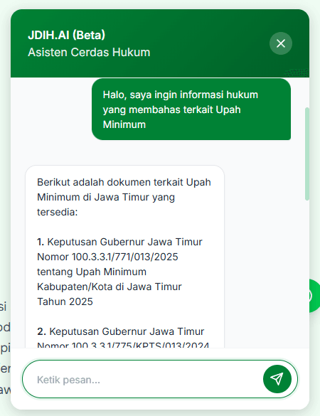 JDIH chatbot returning minimum-wage regulations from a conversational query